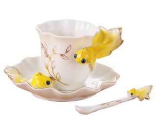 Goldfish Coffee Cup Set With Saucer Steel Spoon European Ceramic Teacup,Yellow