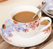 British-style Gold-rimmed Coffee Cup Set With Saucer Steel Spoon, Cosmos Flowers