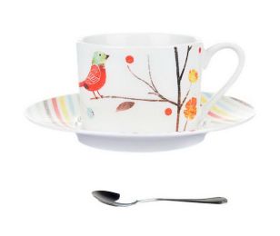 British-style Gold-rimmed Coffee Cup Set With Saucer Steel Spoon, A Singing Bird
