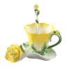 Porcelain Coffee Tea Cup Sets with Saucer and Spoon Yellow Rose Shape Design, 5.1 oz