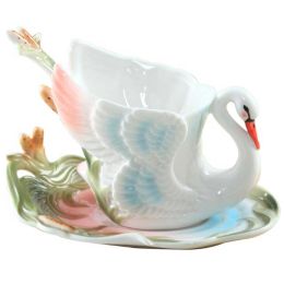Swan Shape Design Porcelain Coffee Tea Cup Sets with Saucer and Spoon, 5.1 oz
